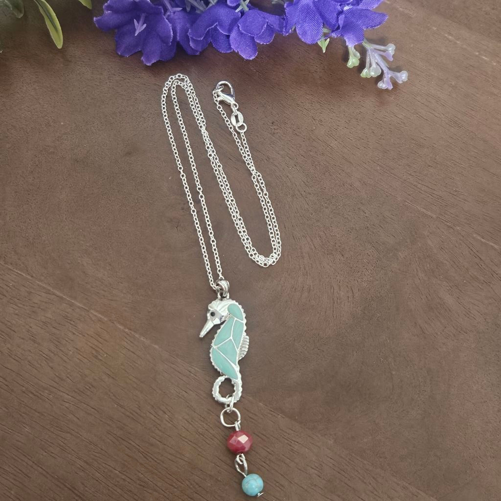 Seahorse Turquoise/Red Glass Bead Pendant Necklace